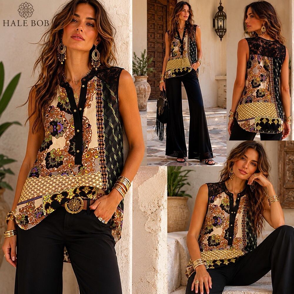 Hale Bob XS Silk Patchwork Tunic Top Boho Luxe Mediterranean Resort Chic